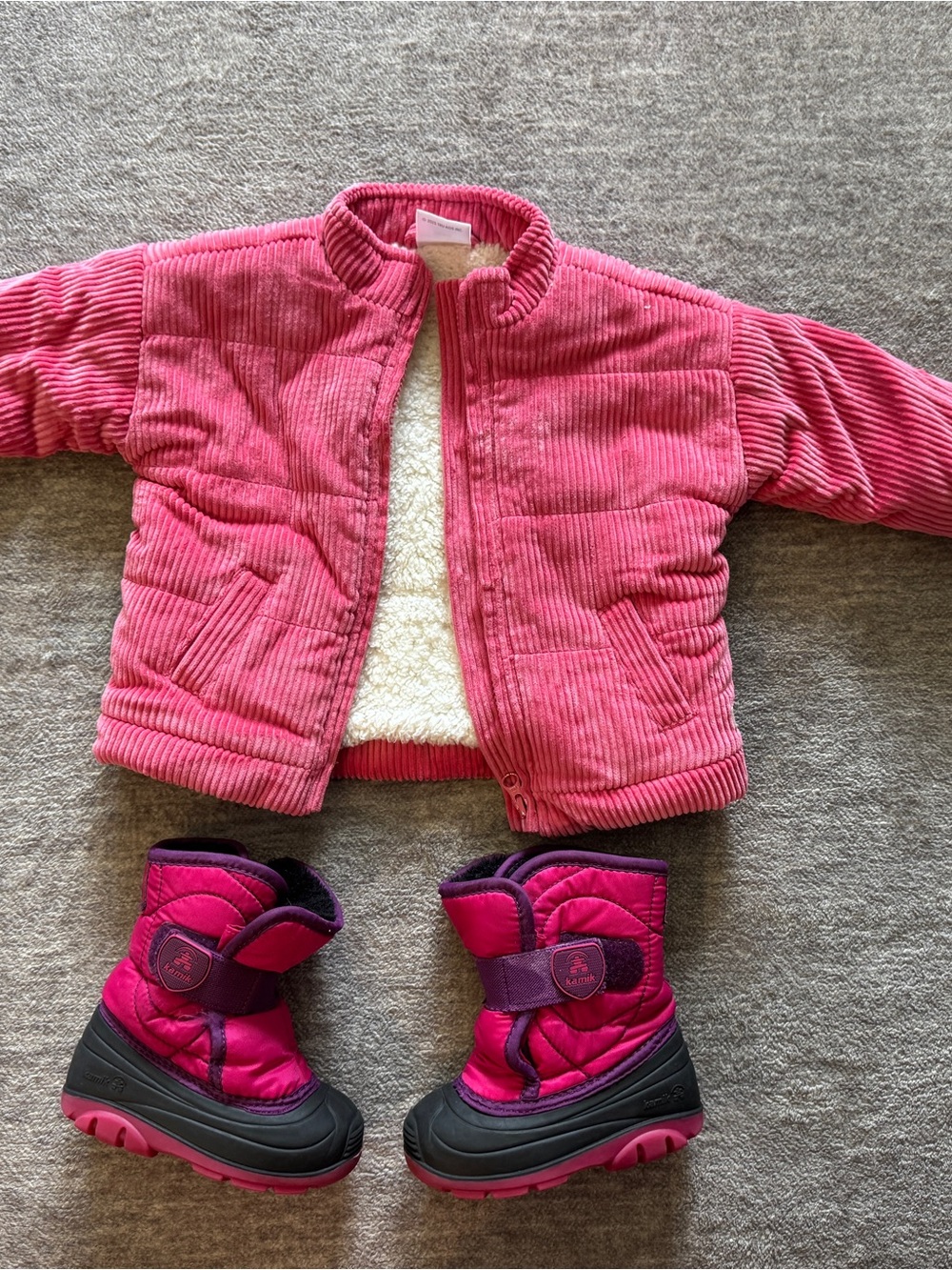 Kids Pink Corduroy Jacket & Snow Boots Set